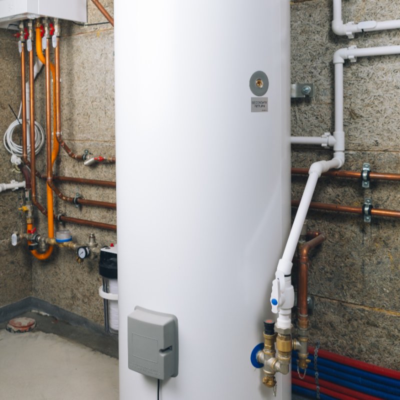 full-size tank-style water heater in a boiler room